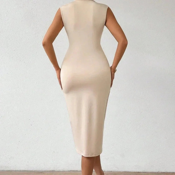 Apricot Elegant Women's Plain Fold V-Neck Tight Fit Stretchy Sleeveless Dress - Picture 3 of 8